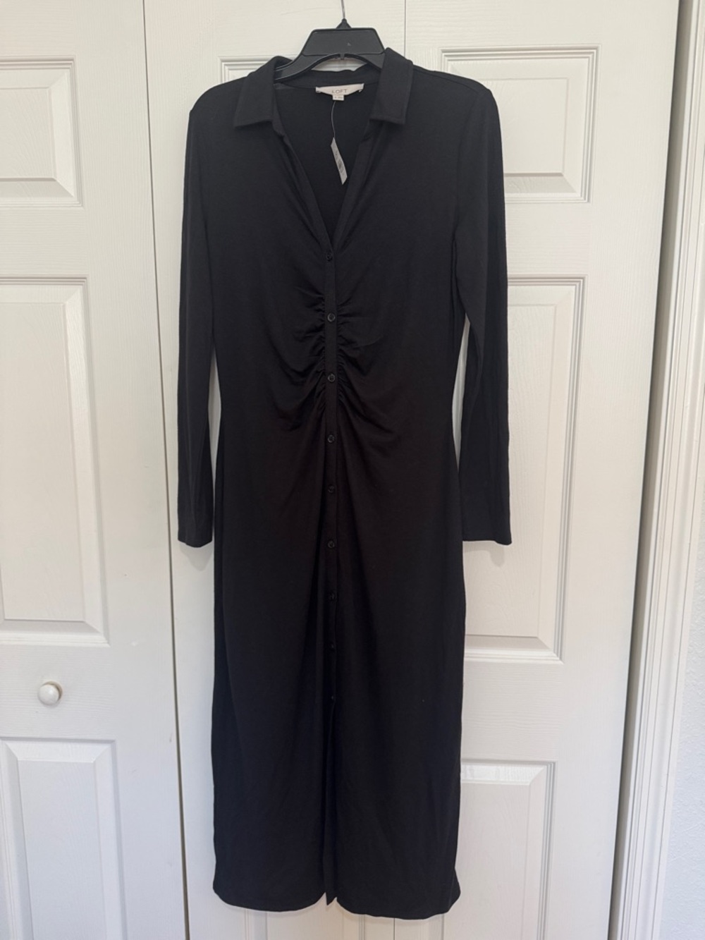 LOFT Black Long-Sleeve Ruched Front Midi Dress